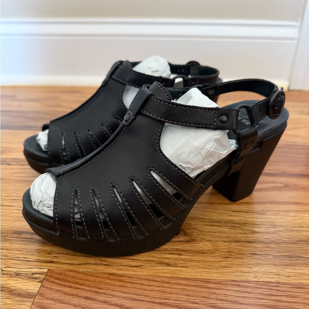 Dansko Randa Black Leather Sandals Peep Toe Chunky Heels Size EUR 39 US 8.5/9 - Picture 13 of 13
